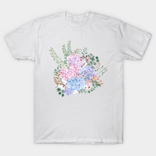 pink blue purple hydrangea flowers watercolor arrangement T-Shirt